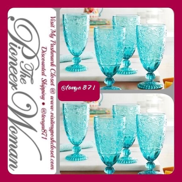 🦋 New Pioneer Woman Amelia 14.7-Ounce Footed Glass Goblets, Set of 8, Teal - Picture 1 of 10